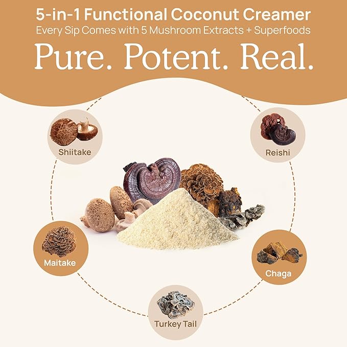 Real Mushrooms Functional Coconut Creamer with Reishi, Lucuma & Ceylon Cinnamon ??Organic, Dairy-Free ??Vegan Coffee Creamer for Smoothies & Drinks ??90 Servings Organic Cream Coconut Powder