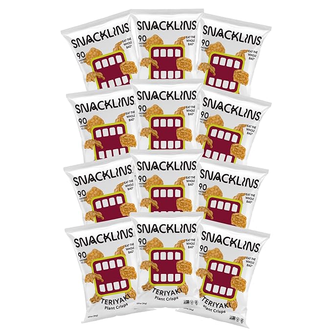 SNACKLINS Plant-Based Crisps – Teriyaki Flavor | 12 Pack of 0.9oz Bags | Vegan, Gluten-Free, Grain-Free, Kosher | Crunchy Puffed Snack with Only 90 Calories Per Bag | Healthy Low-Calorie Chips
