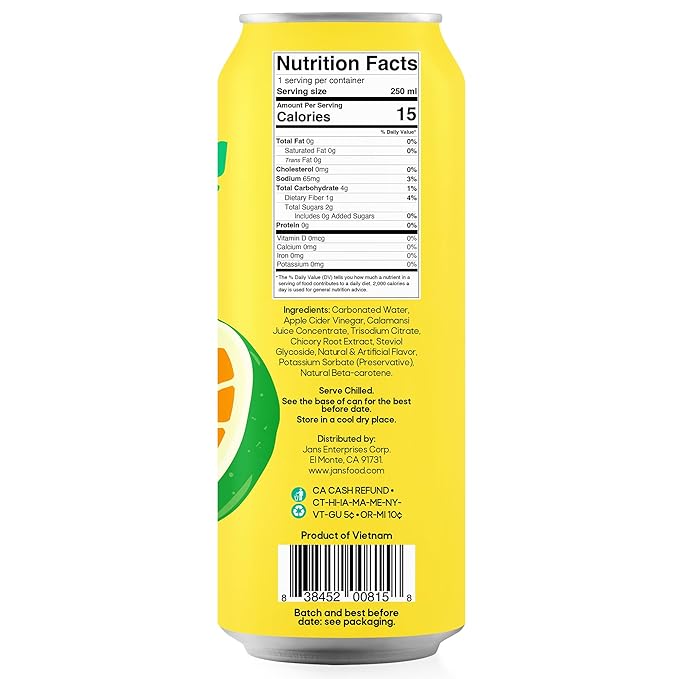 Jans Sparkling Prebiotic Soda Beverage ??Calamansi 8.4 Fl Oz (6-Pack) ??Low Calorie, NO Added Sugar, Non-GMO Sparkling Fruit Beverage, Gut Health Support