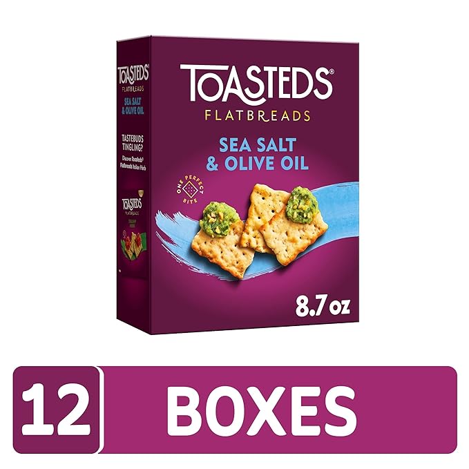 Toasteds Flatbreads Crackers, Party Snacks, Lunch Snacks, Sea Salt and Olive Oil (12 Boxes)