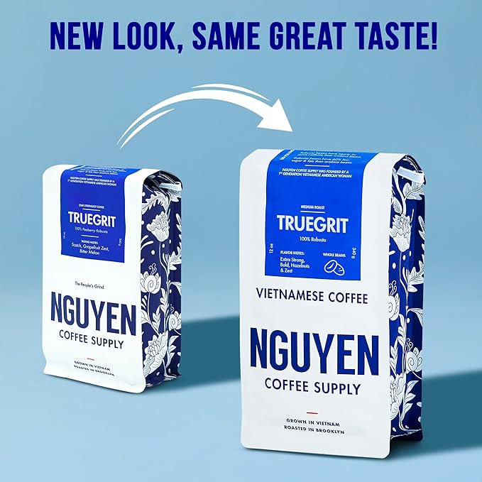 Nguyen Coffee Supply - Truegrit Robusta: Medium Roast Premium Whole Coffee Beans, Vietnamese Single Origin, Direct Trade, Low Acid with High Caffeine Content, Roasted in Brooklyn [12 oz Bag]