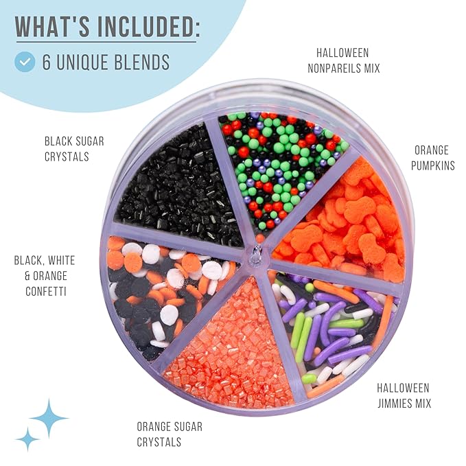 Sweets Indeed Halloween 6-Cell Sprinkle Jar ??6 Variety Sprinkle Compartments | Edible Cake Decorations for Cupcakes, Cookies, Cakes & Desserts | 6.45 oz