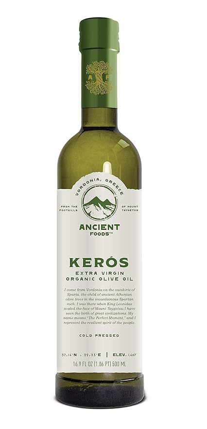 Ancient Foods Keros Greek Organic Extra Virgin Olive Oil ??Fresh, Cold Pressed Olive Oil from Greece, High Phenolic 1000 Year Old Trees (0.5L)