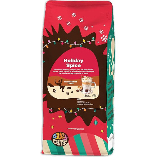 Crazy Cups Flavored Ground Holiday Coffee, Holiday Spice Coffee in 10 oz Bag, For Brewing Flavored Hot or Iced Coffee, (Pack of 1)