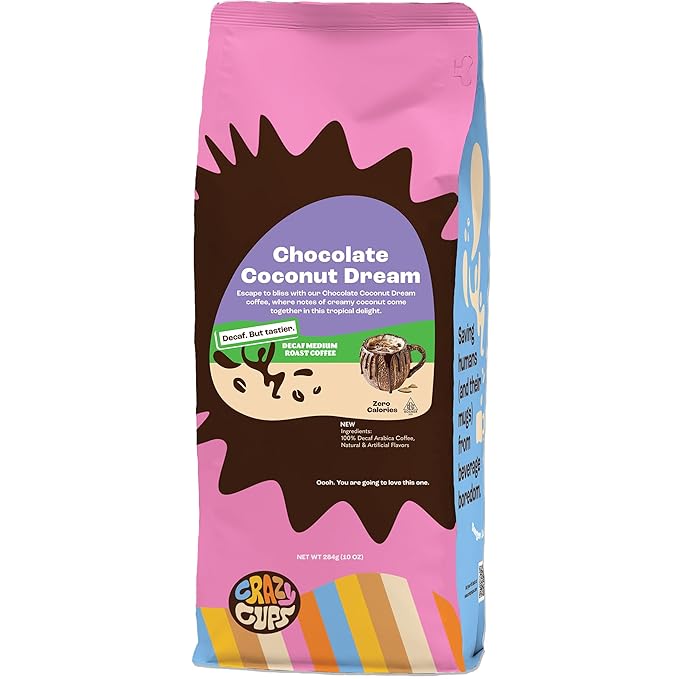 Crazy Cups Decaf Flavored Chocolate Ground Coffee, Decaffeinated Chocolate Coconut Dream Coffee in 10 oz Bag, For Brewing Hot or Iced