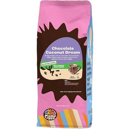 Crazy Cups Decaf Flavored Chocolate Ground Coffee, Decaffeinated Chocolate Coconut Dream Coffee in 10 oz Bag, For Brewing Hot or Iced