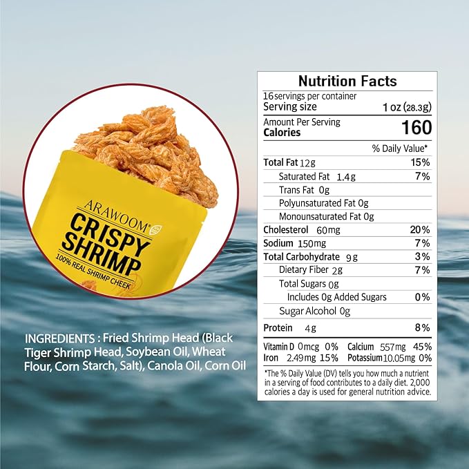 ARAWOOM - 100% Real Black Tiger Shrimp Haed Crisps, Original Pack [16oz, Pack of 1], Crispy Seafood Snack, High-Protein Crunch, Crunchy On-the-Go Treat