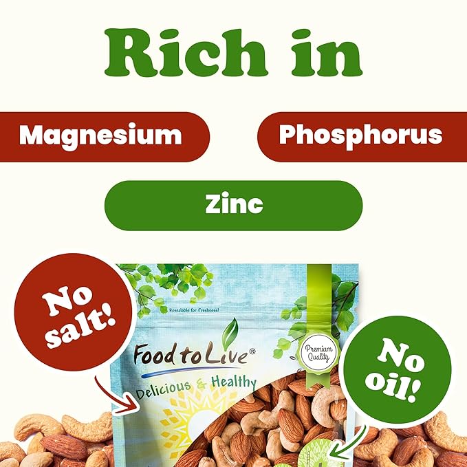 Food to Live - Dry Roasted Almonds and Cashews Mix, 8 Ounces ??Unsalted Oven Roasted Nuts, Protein Rich Trail Mix, Healthy Vegan Snack, No Oil Added