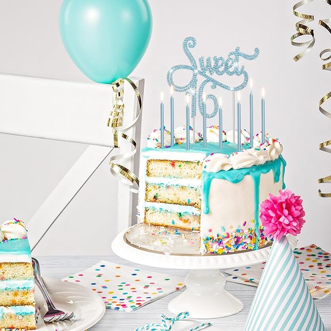 Tondiamo Sweet 16 Birthday Decorations Rhinestone Sweet 16 Cake Toppers 20 Pcs Metallic Happy Birthday Candles 16 Cake Decorations for Cupcake Decor (Blue)