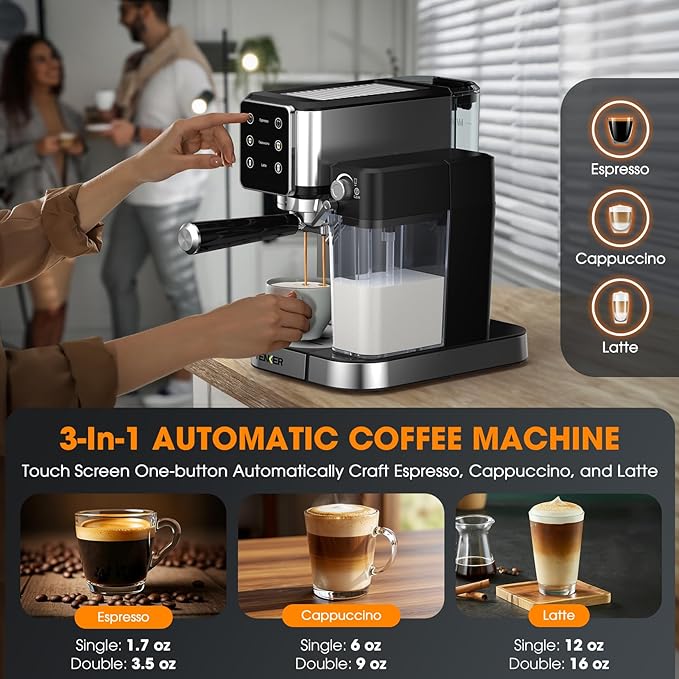TENKER Espresso Machine, 20 Bar Cappuccino Machine with Automatic Milk Frother, 3-in-1 Coffee Machine, 1350W Dual Boiler Latte Maker, Touchscreen Espresso Coffee Maker, Stainless Steel