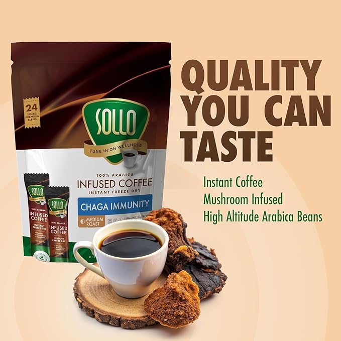 Sollo Infused Instant Chaga Mushroom Coffee Sticks (24 Servings) Memory & Clarity Support, 100% Chaga, Medium-Dark Roast, Arabica Freeze Dried Coffee in Single Serve Sticks.