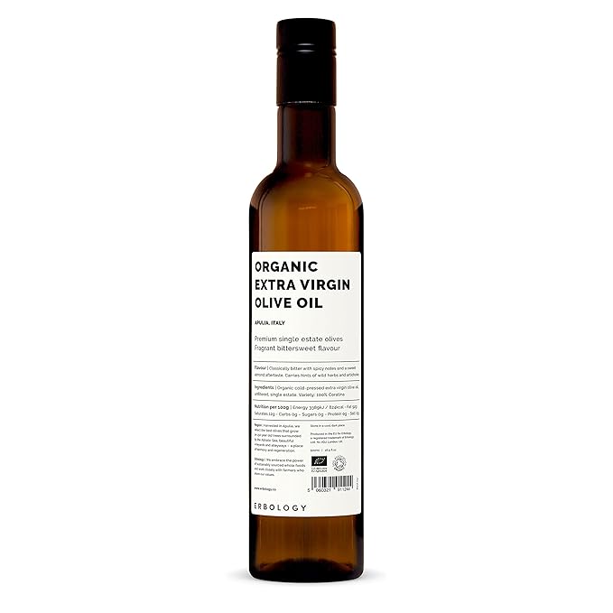 Erbology Organic Extra Virgin Olive Oil 17 fl oz - Early Harvest - 742 mg/kg Polyphenols - 0.15% Free Acidity - 100% Coratina Olives Hand-Picked and Pressed on a Family-Run Single Estate in Apulia, Italy