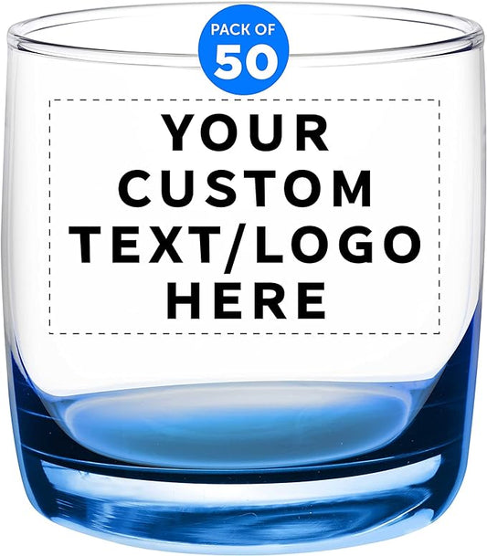 DISCOUNT PROMOS Custom Whiskey Glasses 10 oz Set of 50, Personalized Bulk Pack - Heavy Base Old Fashioned Glass, Perfect for Scotch, Bourbon, Whiskey, Cocktail - Blue Bottom Color