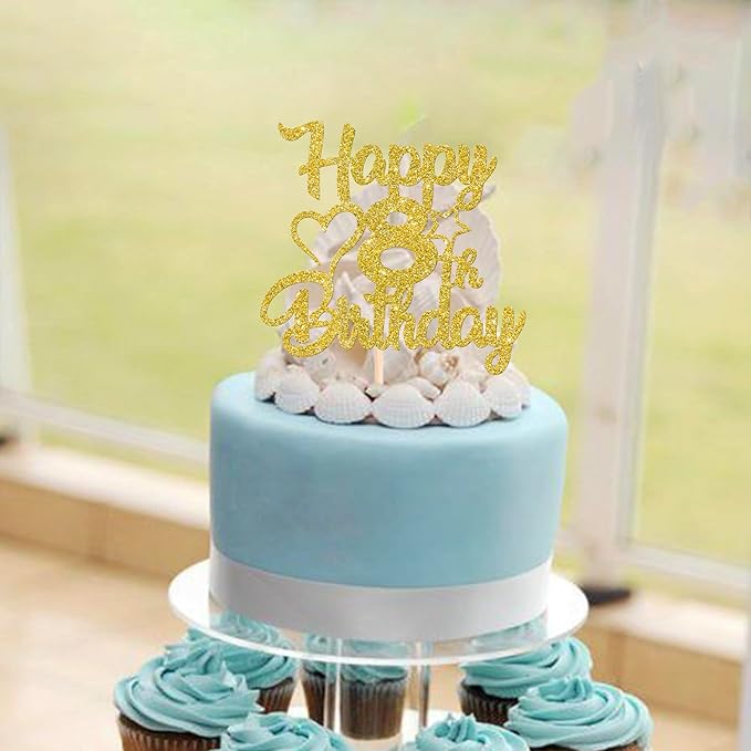 1 Pack Happy 8th Birthday Cake Topper Glitter Heart Star 8 Fabulous Cake Pick Birthday Sign Cake Decorations for 8th Birthday Theme Party Supplies Gold