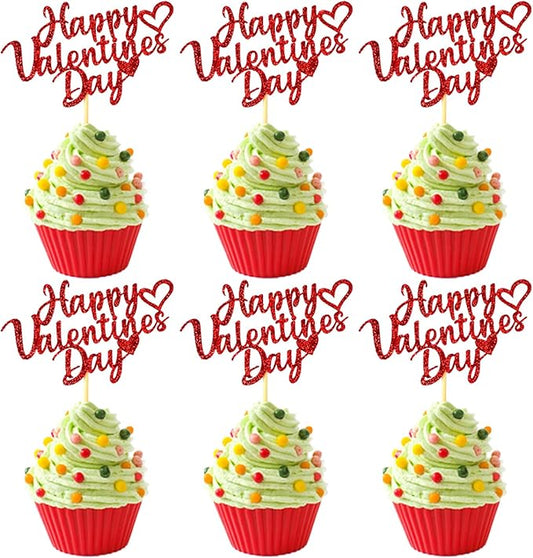 24pcs Happy Valentine's Day Cupcake Toppers with Red Heart Glitter Sweet Love Valentines Cupcake Picks for Engagement Anniversary Valentine's Day Theme Birthday Party Cake Decorations