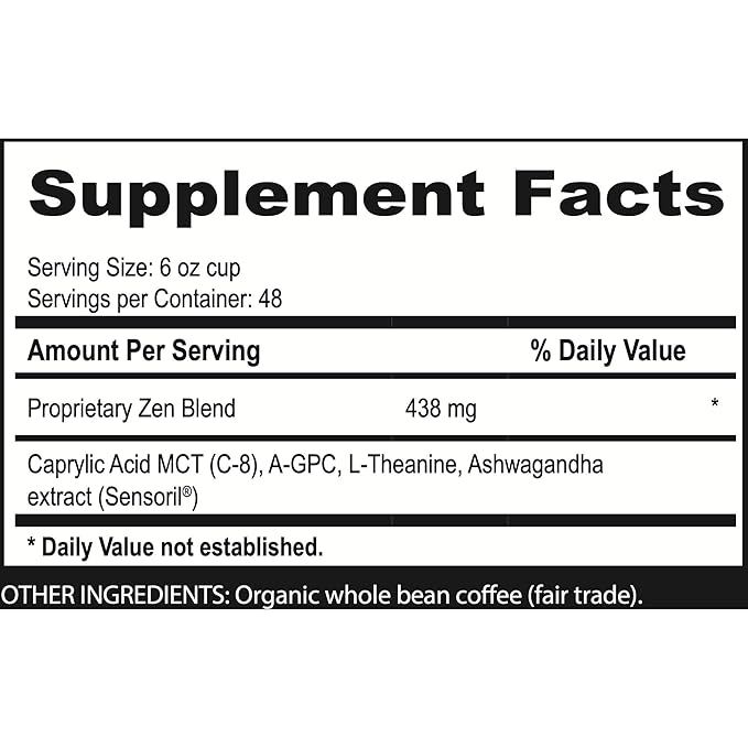 Brain Bean Zen-Blend Organic Coffee Whole Bean with Caprylic Acid MCT (C-8), A-GPC, L-Theanine & Ashwagandha Extract - Premium Grade Organic Coffee Beans for Focus & Calm Support (16 Oz)