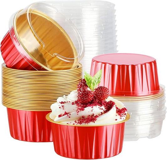 EUSOAR Dessert Cups with Lids, 30pcs 5oz Disposable Aluminum Tin Foil Ramekins Cupcake Baking Cups Containers Wrappers with Lids, Mini Aluminum Cheesecake Pan Creme Brulee Ramekins-Red+Gold