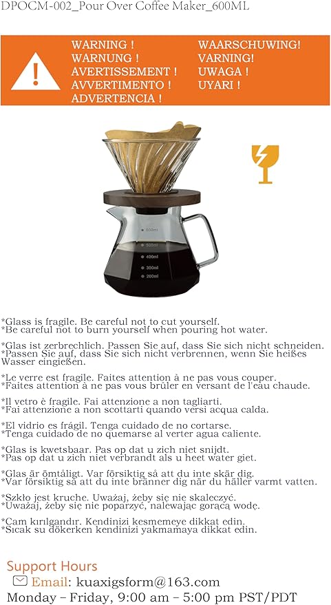 Pour Over Coffee Maker, 20 oz Borosilicate Glass Carafe with 100 pcs V60 Paper Filter, Walnut Handle & Glass Lid, Drip Coffee Maker for Home Caf챕 Restaurant Camping, 600 ml, Gray
