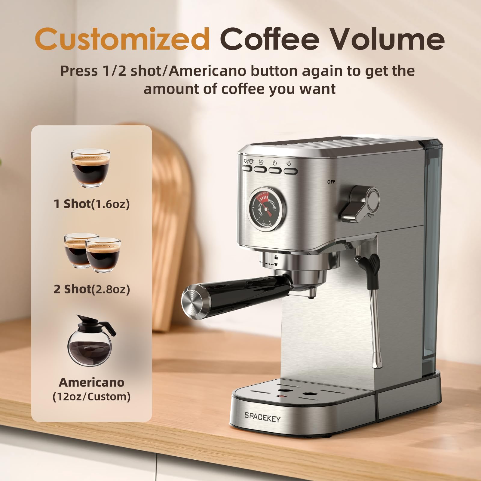 Spacekey Espresso Machine with Milk Frother, 20 Bar Compact Expresso Coffee Machines for Home