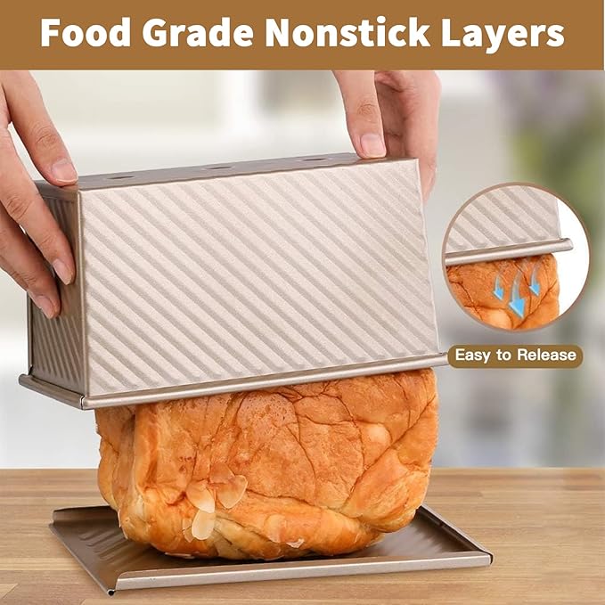 AMAGABELI GARDEN & HOME Pullman Loaf Pan with Lid 1 lb Dough Capacity 9x4 inch Non-Stick Bread Pans Carbon Steel for Baking Homemade Bread Mold Sandwich Corrugated Toast Box Bakeware Nonstick Gold