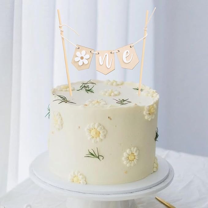 Wooden Daisy One 1st Birthday Cake Topper - Retro Groovy Boho Daisy, Best Flower Cake Topper
