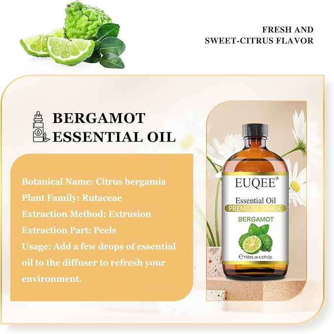 Bergamot Essential Oil 118ml Pure Bergamot Oil for Aromatherapy, Diffuser, Sopa Candle Making, Large Bottle with Gift Box -4 fl.oz