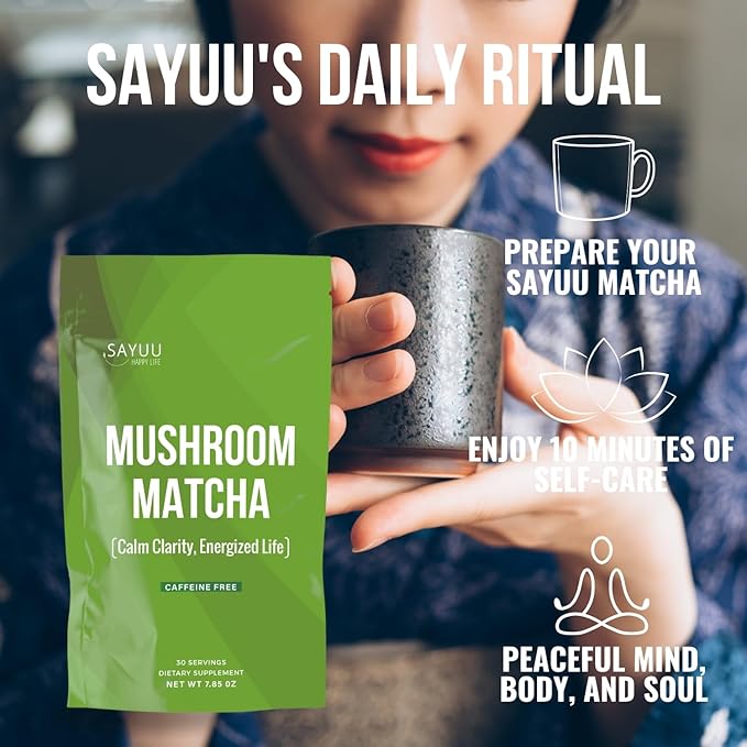 SAYUU Mushroom Matcha Coffee Powder ??Instant coffee Blend with Functional Mushrooms for Calm Focus, Stamina, and Immune Support - 30 Servings