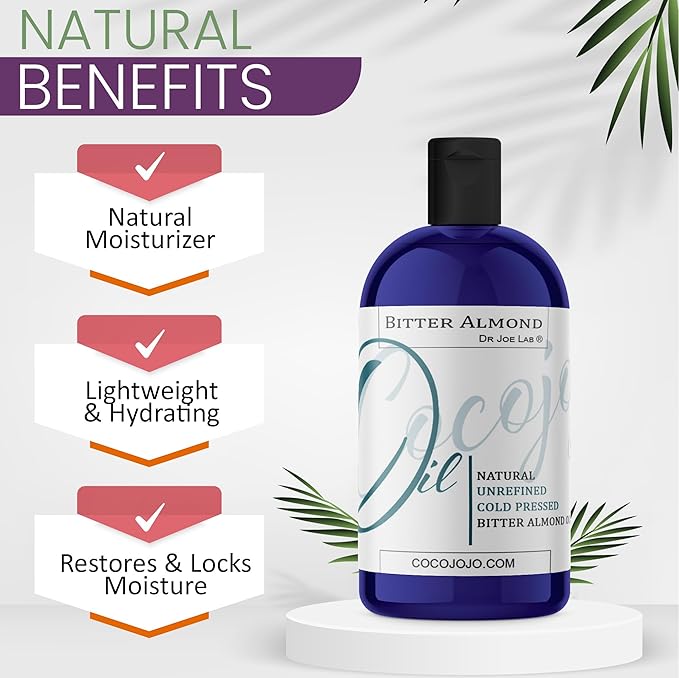 cocojojo Pure Bitter Almond Oil 8 oz Unrefined Cold Pressed Extra Virgin All Natural Perfect for Hair Face Skin Nails