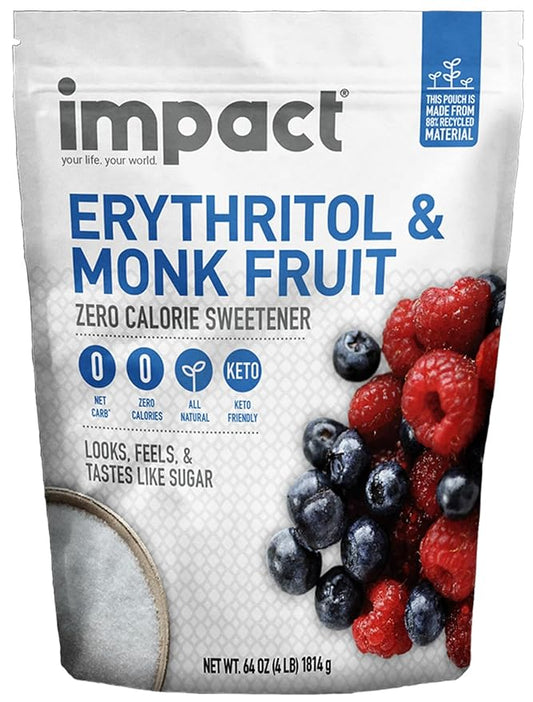 Impact White Monk Fruit & Erythritol Sweetener Blend - Gluten Free, Zero Calories, Net Carbs, Keto, Vegan, Non-GMO - 1 is to 1 Sugar Substitute - 4lbs