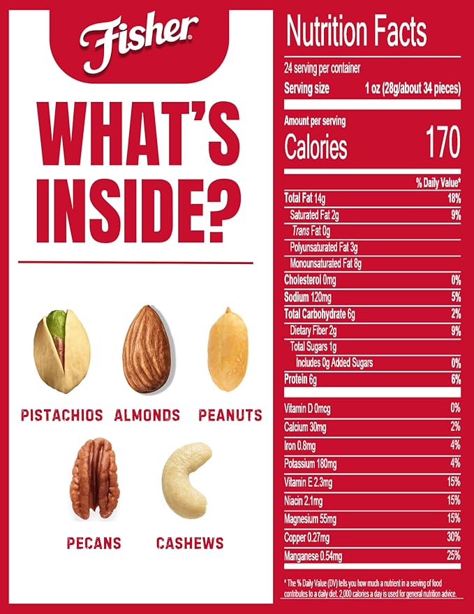 Fisher Oven Roasted Never Fried Mixed Nuts with Peanuts, 24 Ounces (Pack of 1), Peanuts, Almonds, Cashews, Pistachios, Pecans, Trail Mix, Healthy Snacks for Adults, Made With Sea Salt, No Added Oils