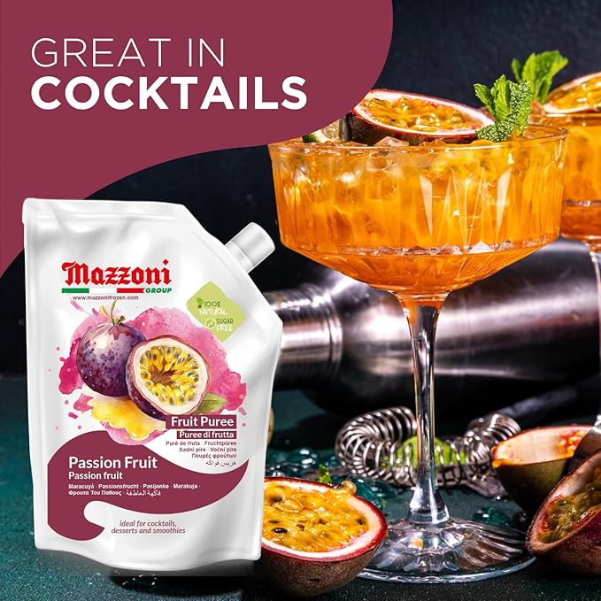 Mazzoni Passion Fruit Juice Puree, 100% Pure Passion Fruit, Maracuya, Just Fruit, No Sugar Added, 2.2 lbs (35.2 oz) Real Fruit Mixer for Cocktails, Smoothies, Drinks, Fruit Juice, Convenient Pouch, Made in Italy