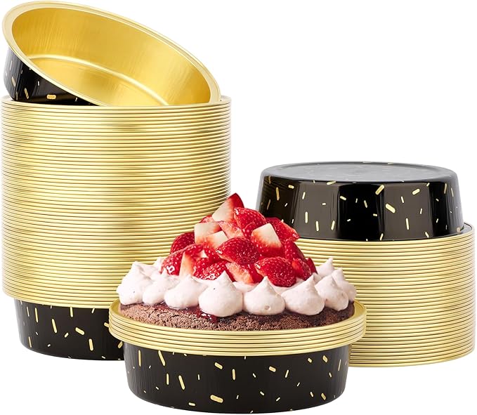 Beasea Disposable Baking Cups, 100 Pack 7.3oz 215ml Aluminum Ramekins Foil Baking Cups 4" Cupcake Aluminum Mini Baking Cups No Lids for Party - Gold/in Black