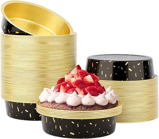 Beasea Disposable Baking Cups, 100 Pack 7.3oz 215ml Aluminum Ramekins Foil Baking Cups 4" Cupcake Aluminum Mini Baking Cups No Lids for Party - Gold/in Black