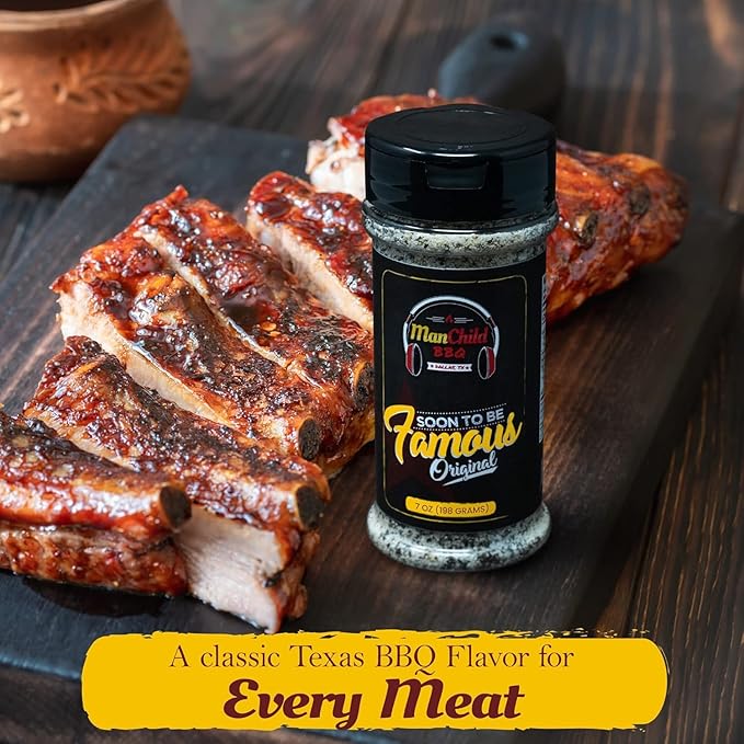 All-Purpose Salt Pepper Garlic BBQ Rub by Manchild, Authentic Texas Style Dry Rub for Beef, Chicken, Pork, Seafood & Veggies, 7 oz