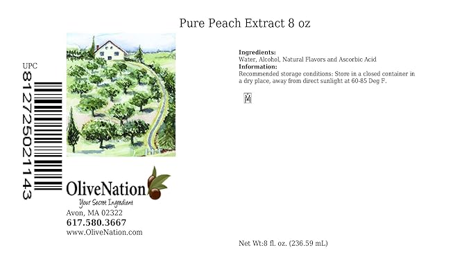 OliveNation Natural Peach Flavoring, Sugar Free Peach Flavor Extract, PG Free, Gluten Free, Kosher, Vegan - 8 ounces