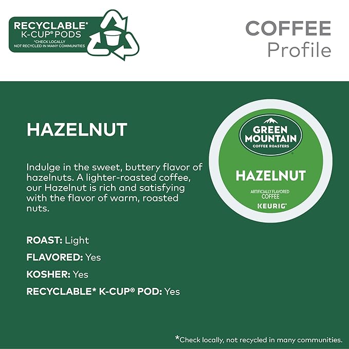 Green Mountain Coffee Roasters Hazelnut Keurig Single-Serve K-Cup pods, Light Roast Coffee, 72 Count