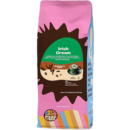 Crazy Cups Flavored Ground Coffee, Irish Cream Coffee in 10 oz Bag, For Brewing Hot or Iced