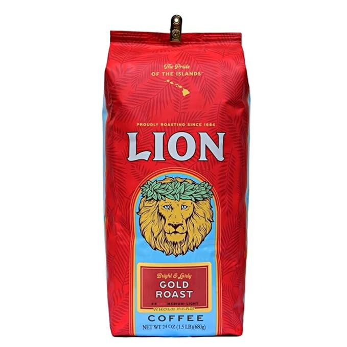 Lion Coffee Gold Roast Whole Bean Coffee, Medium-Light Roast, A Taste of Aloha - 24 Ounce Bag