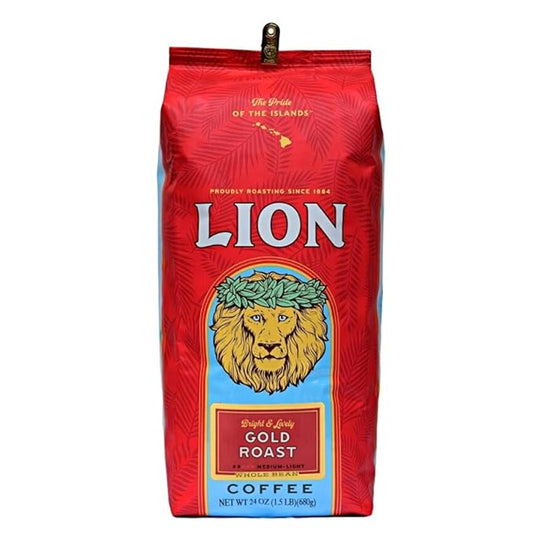 Lion Coffee Gold Roast Whole Bean Coffee, Medium-Light Roast, A Taste of Aloha - 24 Ounce Bag