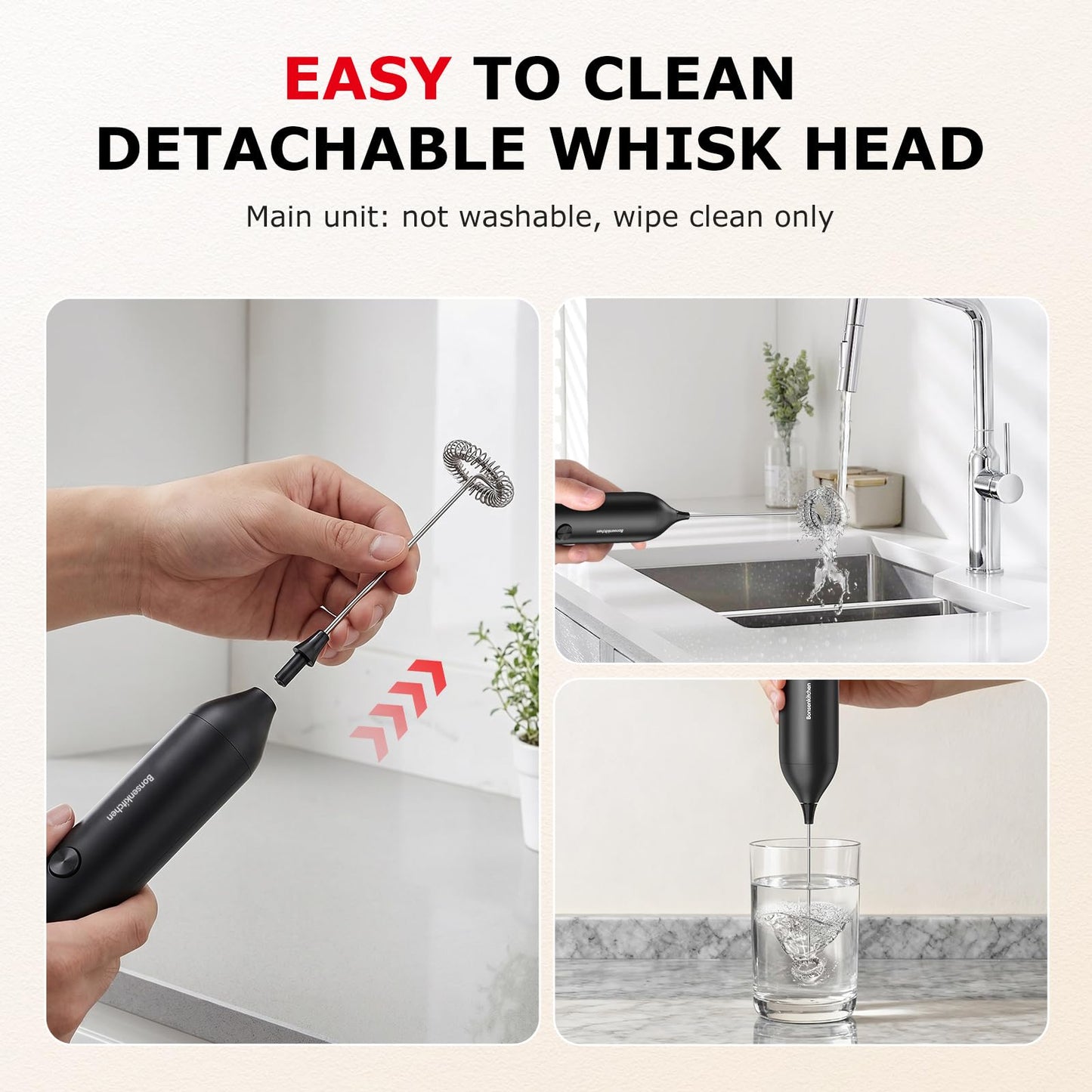 Bonsenkitchen Rechargeable Milk Frother Handheld, Charging USB-C