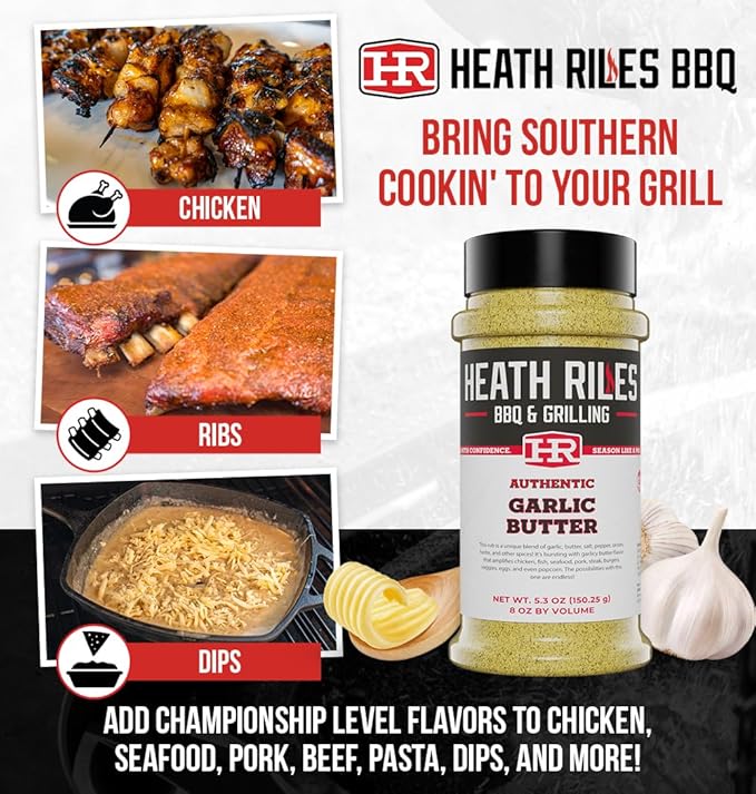 Heath Riles BBQ Rub - Garlic Butter Seasoning, Champion Pitmaster Recipe, Legendary Rubs For Smoking & Grilling, 70+ BBQ Championships, 8 oz.