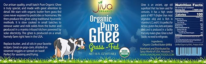 Organic Grass Fed Ghee 16 Ounce - Mantra Infused, Traditional Ayurvedic Method - Non GMO Pasture Raised - By Jiva Organics