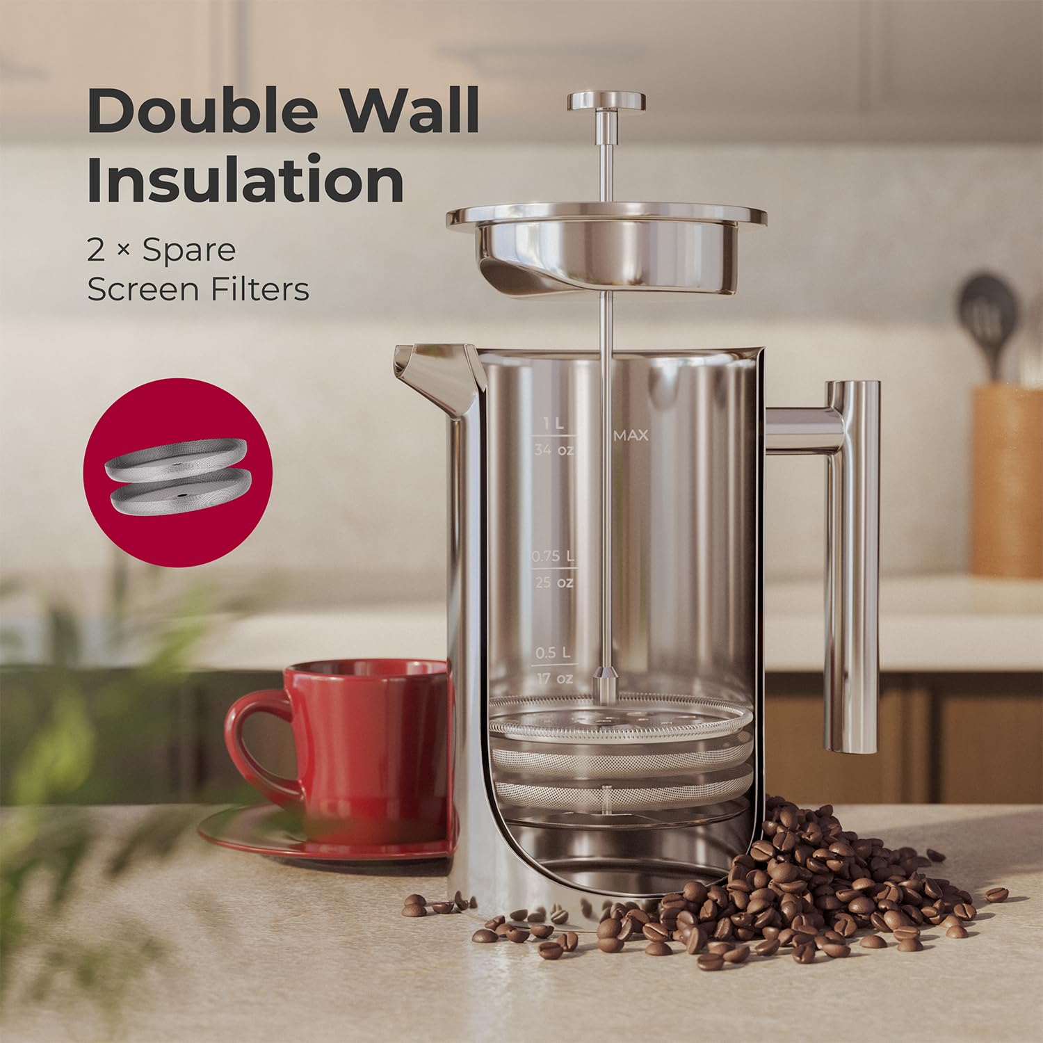 MuellerLiving French Press Coffee Maker 34oz, Stainless Steel French Press Coffee, 4 Filter Heat
