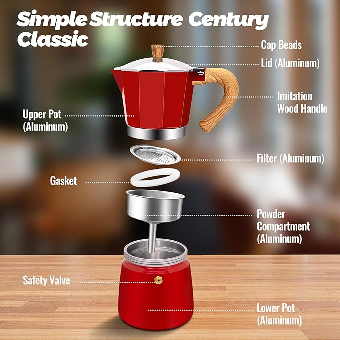 3 Cup Aluminum Moka Pot Classic Stovetop Espresso Coffee Maker 150ml 5oz Coffeemaker Percolator Mocha Pot Greca Coffee Maker Cafe Makers for Italian and Cuban Cafì±?Brewing Red