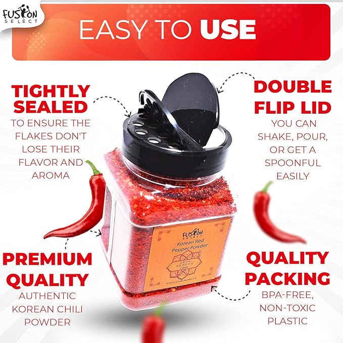 Fusion Select Korean Non-GMO Red Chili Pepper Flakes Powder, Gluten Free, Premium Gochugaru for Kimchi, Chicken, Pork, Fish, Vegetables Seasoning Korean BBQ Hot Pepper Coarse Powder Flakes 12 OZ