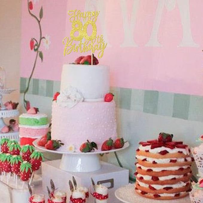 1 PCS Happy 80th Birthday Cake Topper Glitter Cheers to 80 Years Birthday Cake Pick Eighty Hello 80 Fabulous Cake Decoration for Happy 80th Birthday Anniversary Party Decorations Supplies Gold