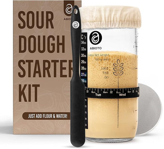 Sourdough Jar Kit, Includes 24 oz Sourdough Starter Jar with Metallic Lid, Silicone Spatula, Feeding Tracker, Extra Thermometer Strips & Breathable Covers ??Sourdough Bread Starter Kit