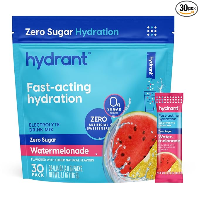 Hydrant Hydrate No Added Sugar, Individual Hydration Electrolyte Powder Stick Packets with Zero Sugar and Electrolytes for Rapid Hydration (Watermelonade, 30 Count)