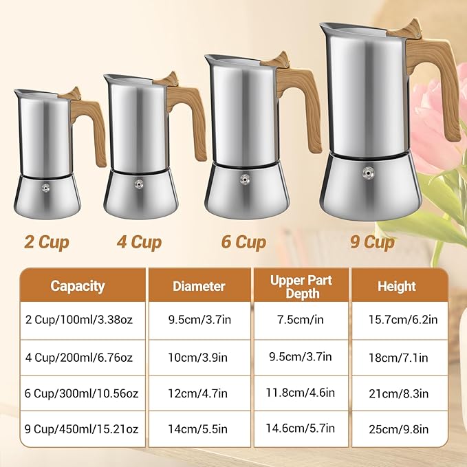 No Coating 4 Cup Moka Pot Thickened 304 Stainless Steel Stovetop Espresso Coffee Maker 200ml 6.8oz Mocha Percolator Greca Cuban Ideal for Making Rich Authentic Italian Caf챕