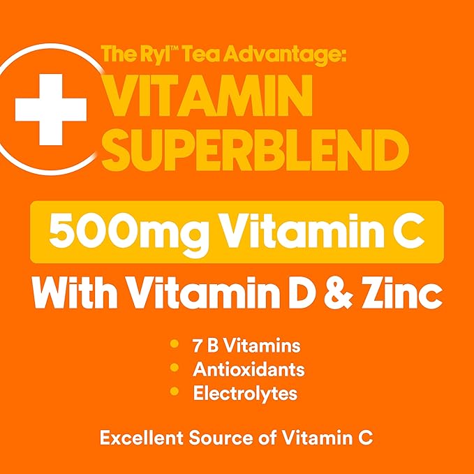 Ryl Immune Support Iced Tea, Juicy Orange, 500mg Vitamin C with Vitamin D & Zinc, Zero Sugar, Zero Calories, 16.0 Fl Oz (12-Pack)